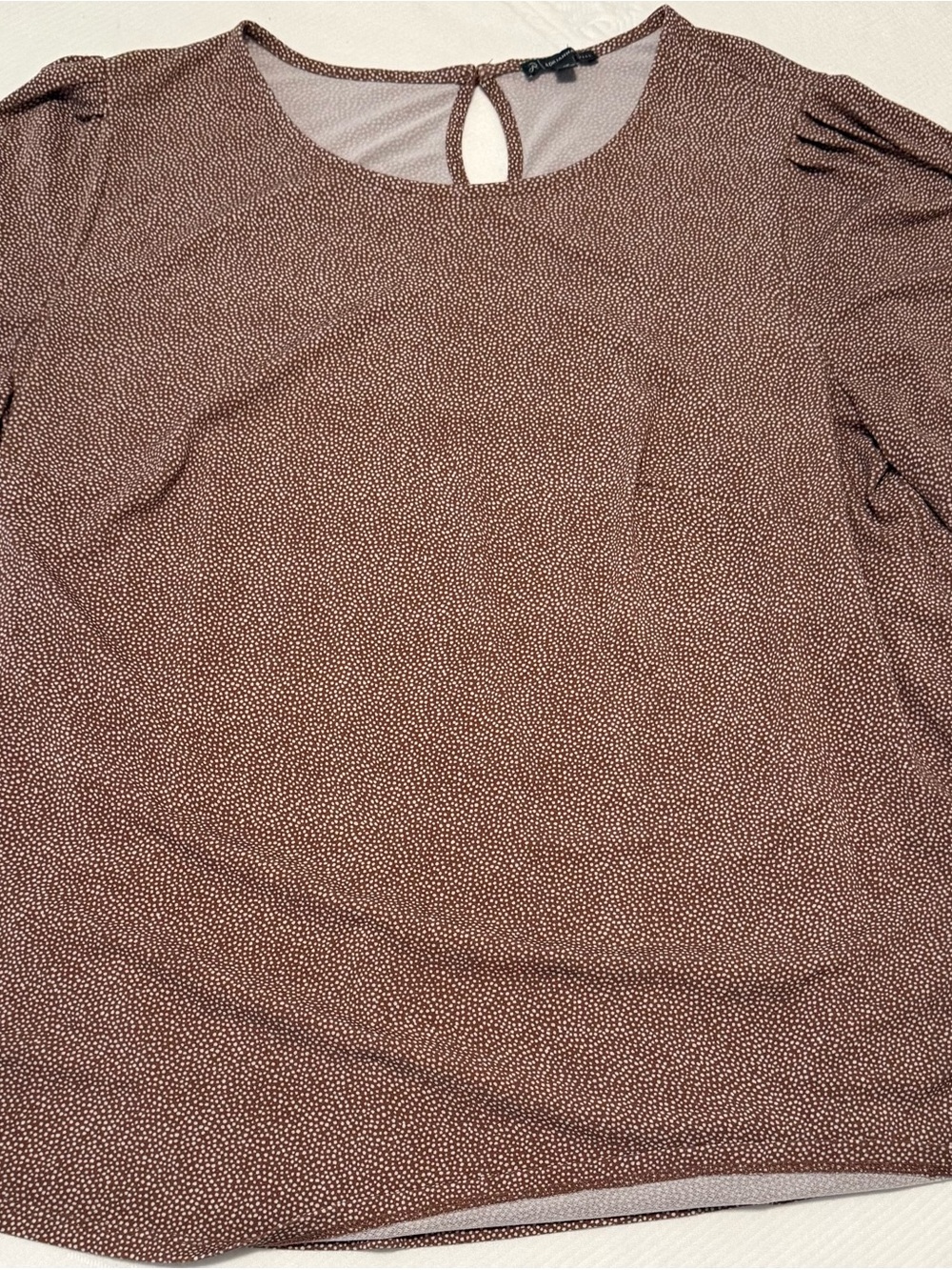 Adrianna Papell Brown Dot Print Long Sleeve Keyhole Top